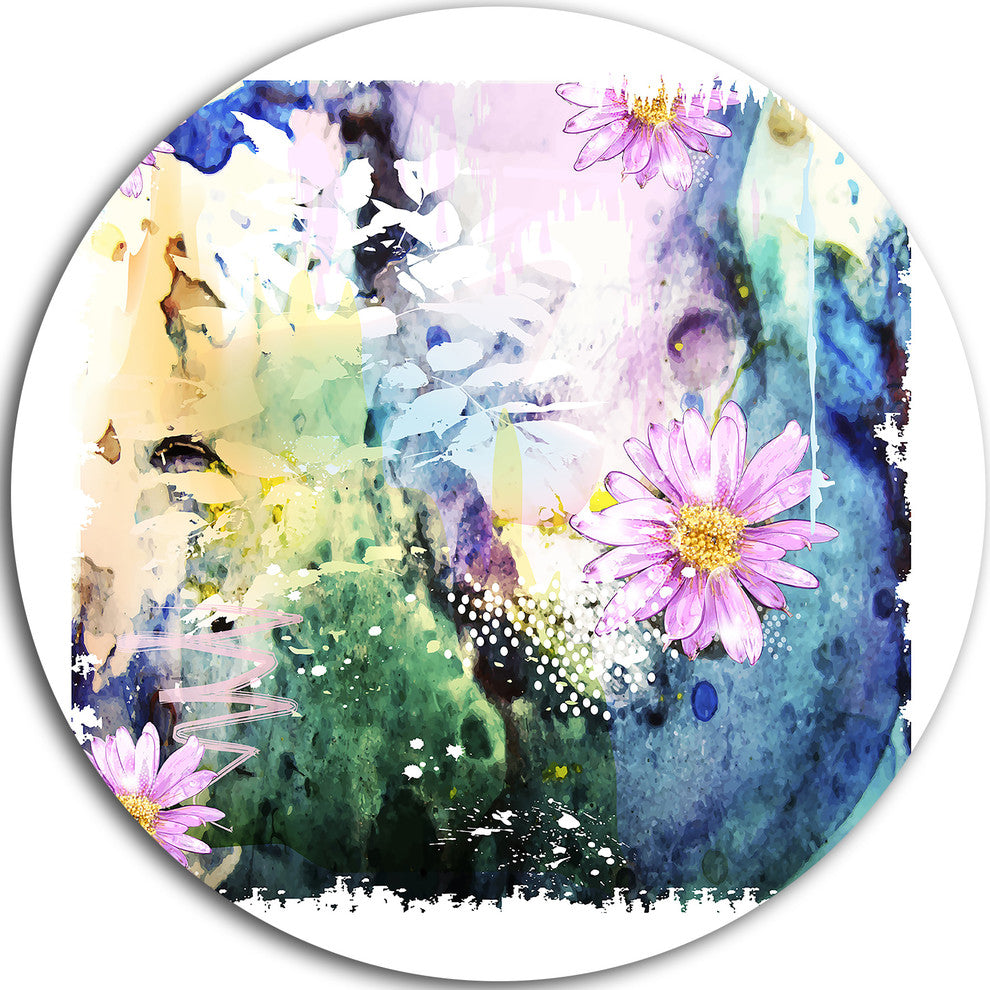 Abstract Blue Pink Floral Art, Floral Disc Metal Artwork, 11"