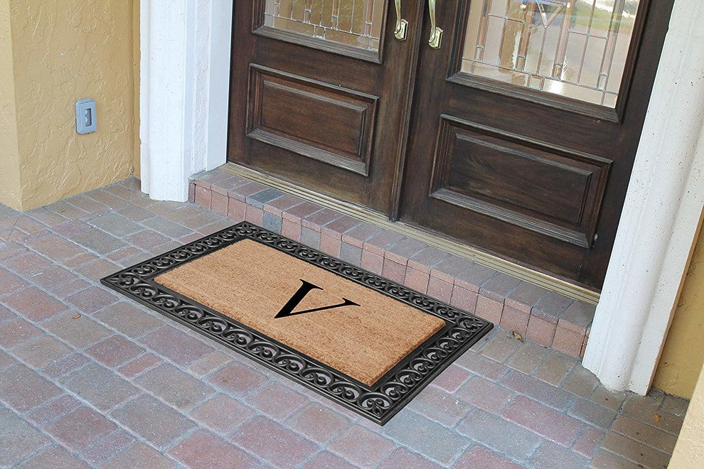 A1HC Black Rubber and Coir Paisley Border Monogrammed Double Doormat, 30"X48", V