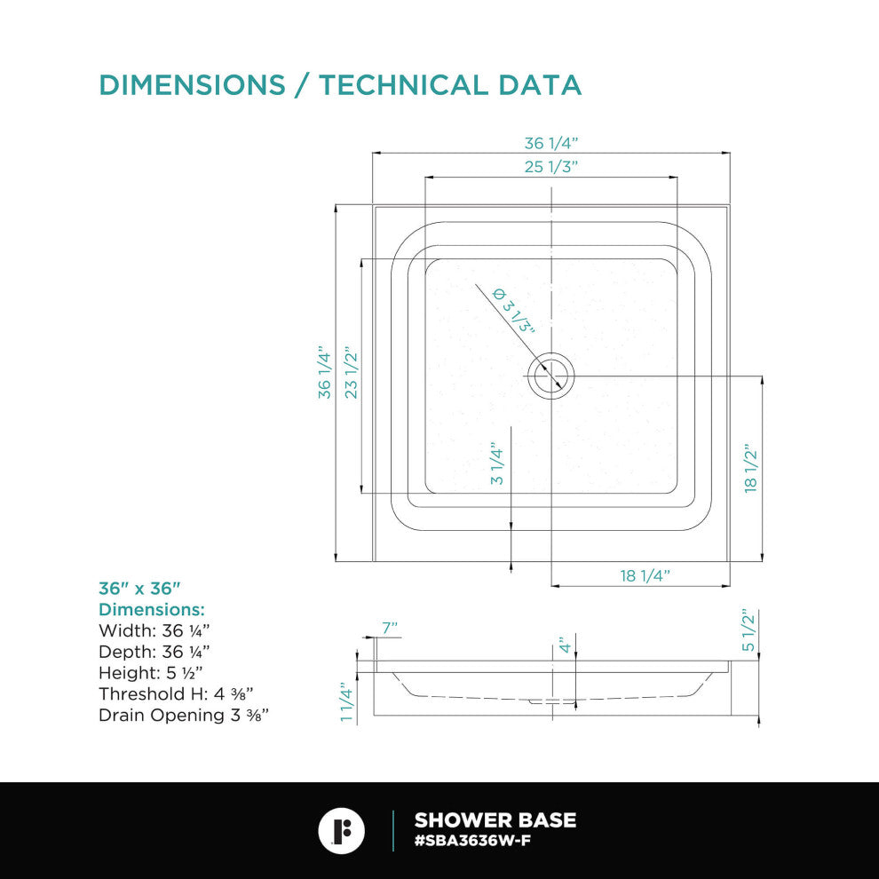 Fine Fixtures Single Threshold Shower Base, 36x36
