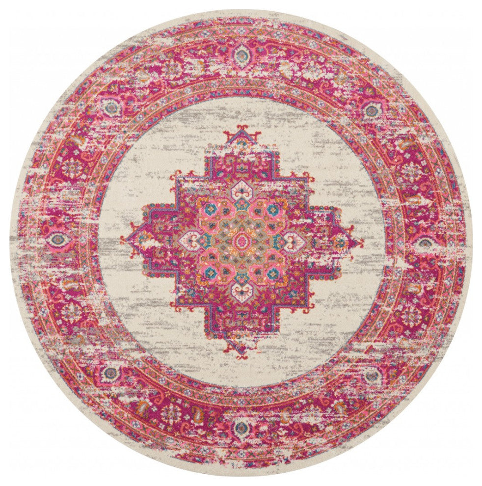 8 Round Ivory and Fuchsia Distressed Area Rug