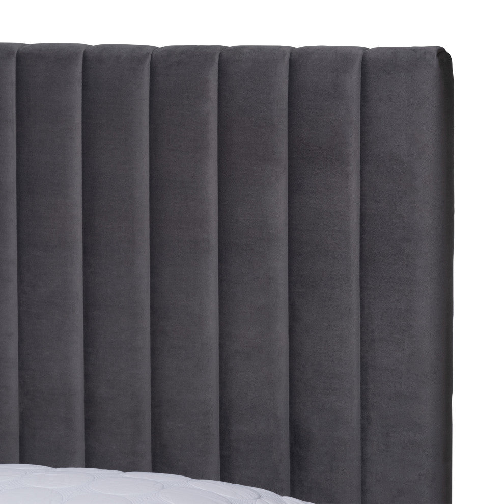 Denica Glam and Luxe Upholstered Platform Bed, Gray/Gold, Queen