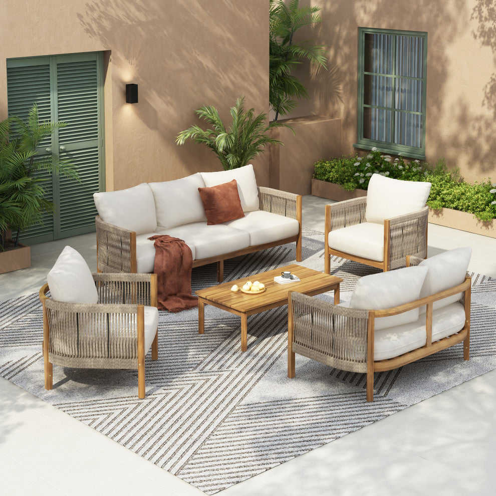 GDF Studio Outdoor 5-Piece Acacia Wood Patio Chat Set, Teak/Beige