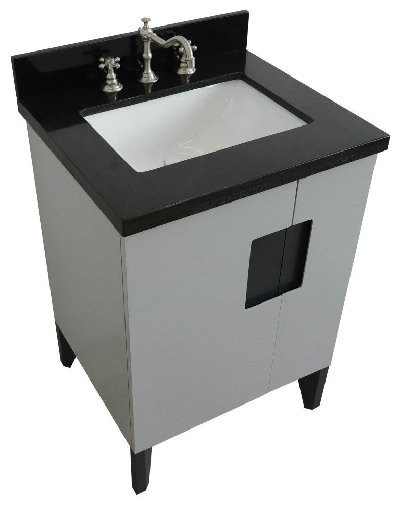 25" Single Sink Vanity, Light Gray Finish With Black Galaxy Granite