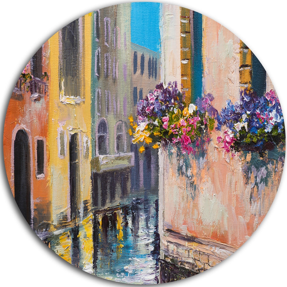 Canal In Venice With Flowers, Cityscape Large Disc Metal Wall Art, 36"