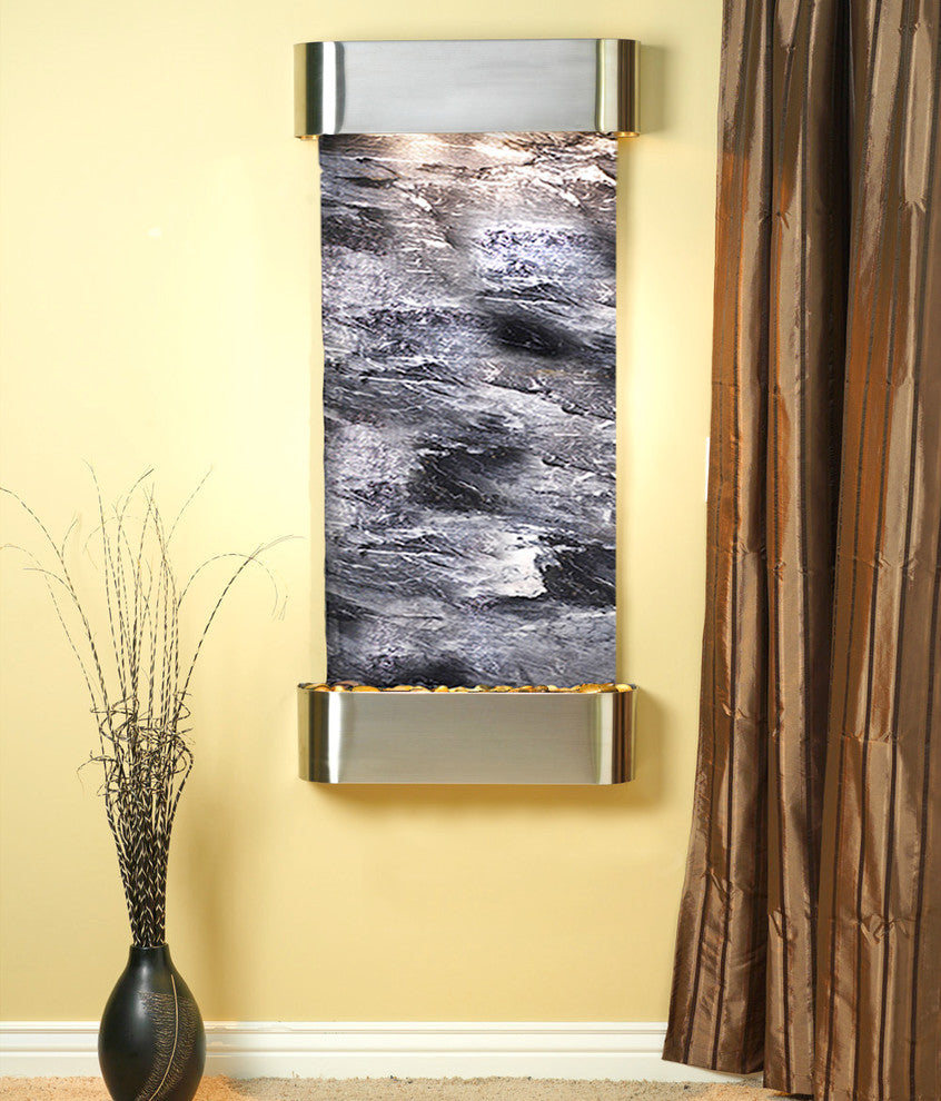 Cascade Springs Water Fountain, Black Spider Marble, Stainless Steel, Round