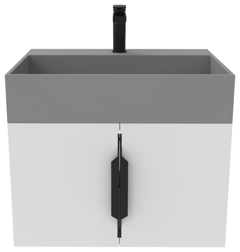 CastelloUSA Amazon 24" Wall Mounted Bathroom Vanity Set, White, Gray Top, Black Handles