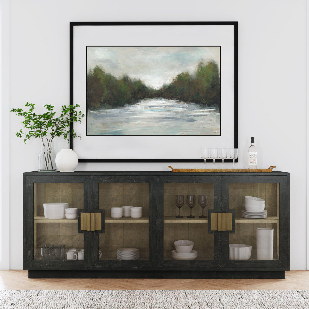 Larson 90" Glass Reclaimed Pine Wood Sideboard, Black
