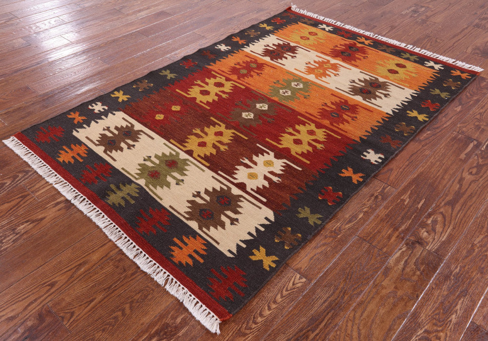 4' 0" X 6' 0" Reversible Flat Weave Kilim Wool Rug - Q12141