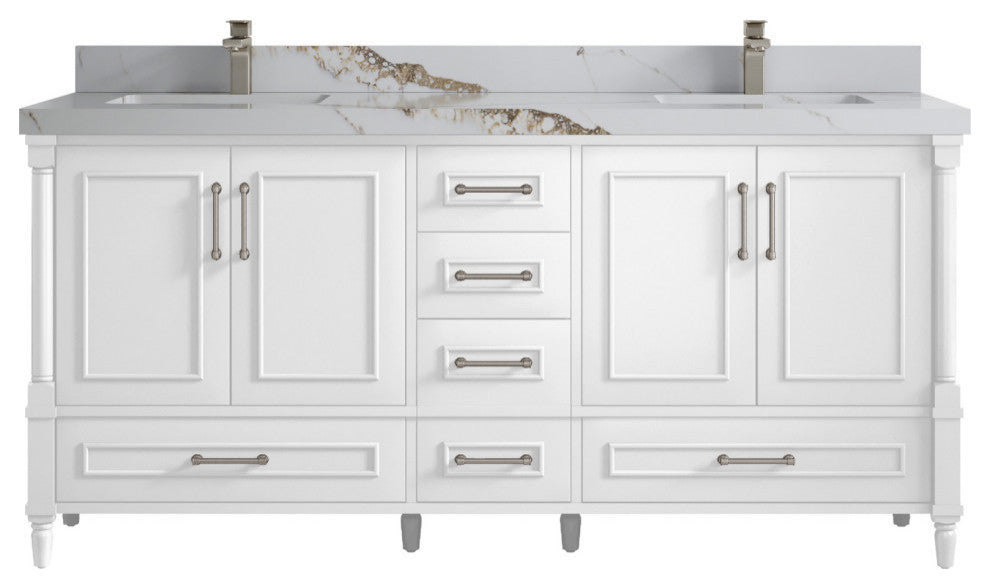 Aberdeen 72 Double Sink Bath Vanity in White 2" Calacatta Gold