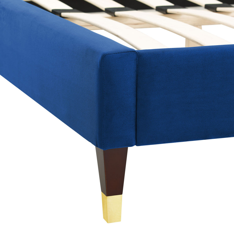 Platform Bed Frame, King Size, Blue Navy, Velvet, Modern, Bedroom Guest Suite