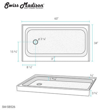 Voltaire 60"x34" Acrylic White, Single-Threshold, Shower Base, Left Side Drain