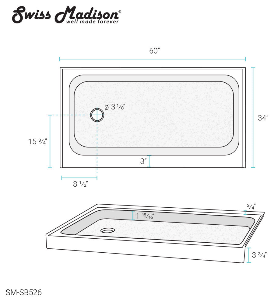 Voltaire 60"x34" Acrylic White, Single-Threshold, Shower Base, Left Side Drain
