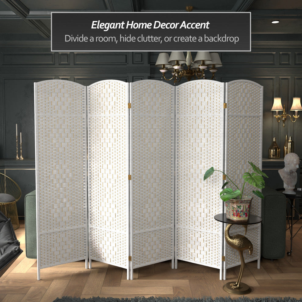6' Tall Diamond Weave Fiber Room Divider, White, 5 Panel