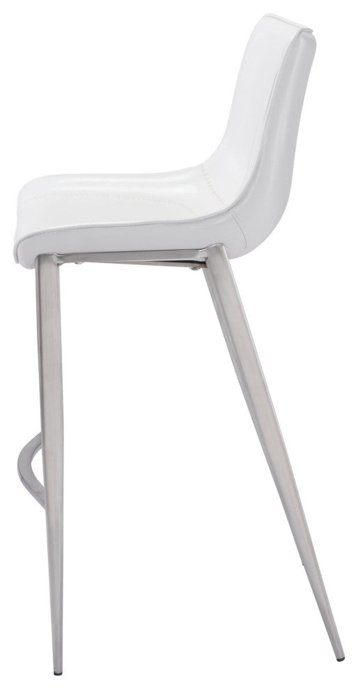 Bar Stool Chair Barstool, Set of 2, Faux Vinyl Leather, Steel, White, Silver