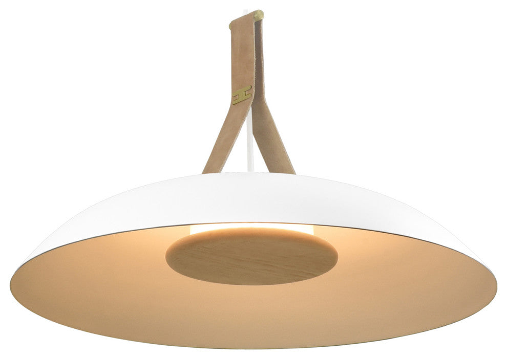 Volo LED Pendant, Blanc, White/Brushed Brass/Tan Leather/White Washed Oak, 2700K