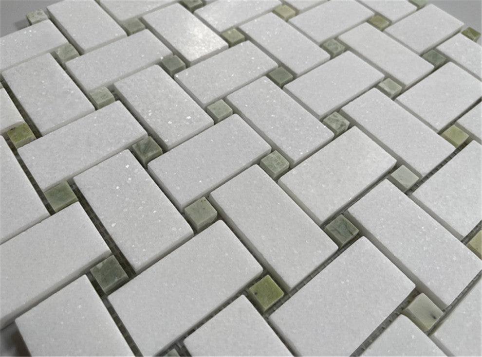 Thassos White Marble 1x2 Basketweave Mosaic Tile Green Dots Honed, 1 sheet