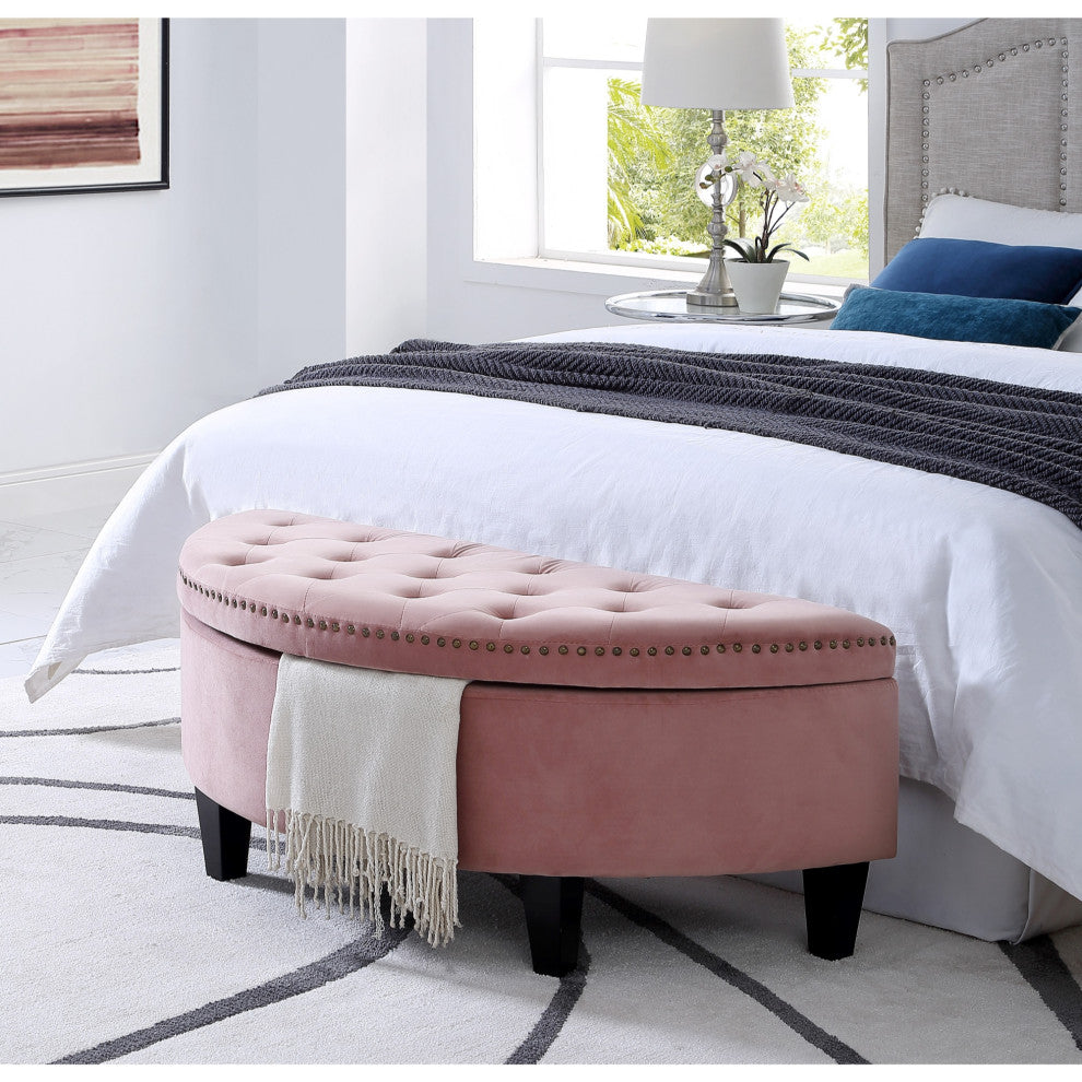Laura Velvet Gold Nailhead Trim Half Moon Storage Ottoman, Blush