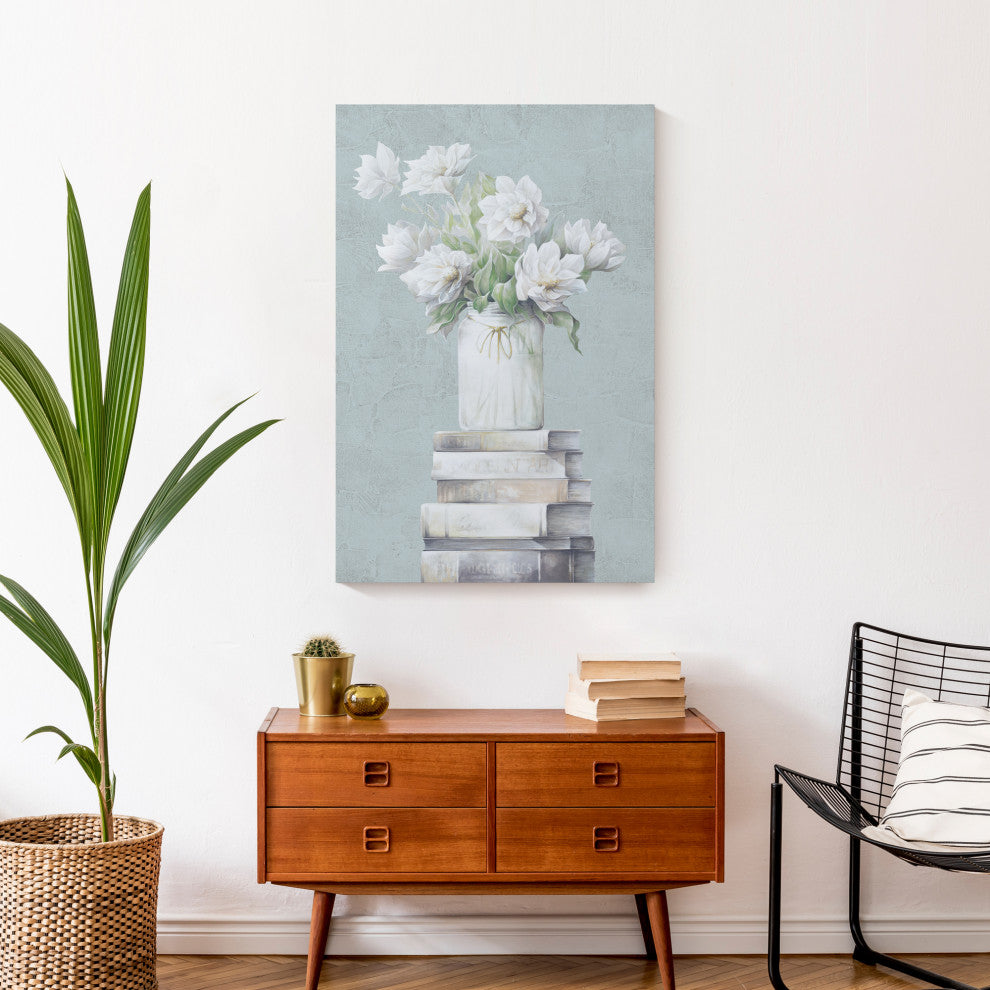 White Dahlia Flowers, Vase 2 20x30 Canvas Wall Art