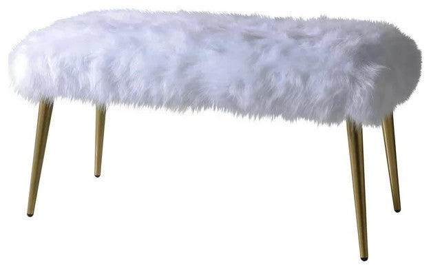 Modern White Accent Bench with Gold Metal Legs and Comfortable Faux Fur Seat