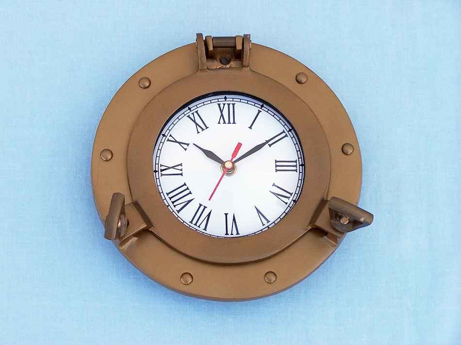 Decorative Ship Porthole Clock, Antique Brass, 12"