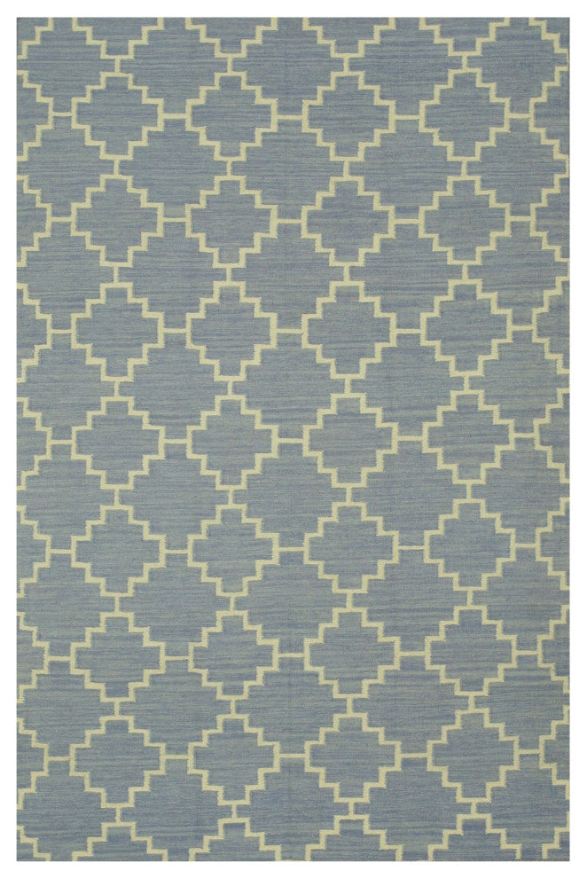 Handmade Wool Blue Contemporary Trellis Flatweave Reversible Moroccan Rug, 12'x15'