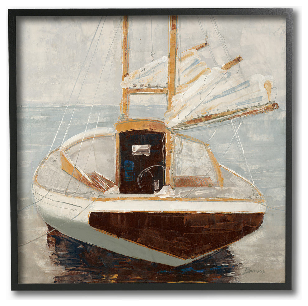 Muted Neutral Sailboat at Port on a Calm Sea Painting Framed Giclee, 12"x12"