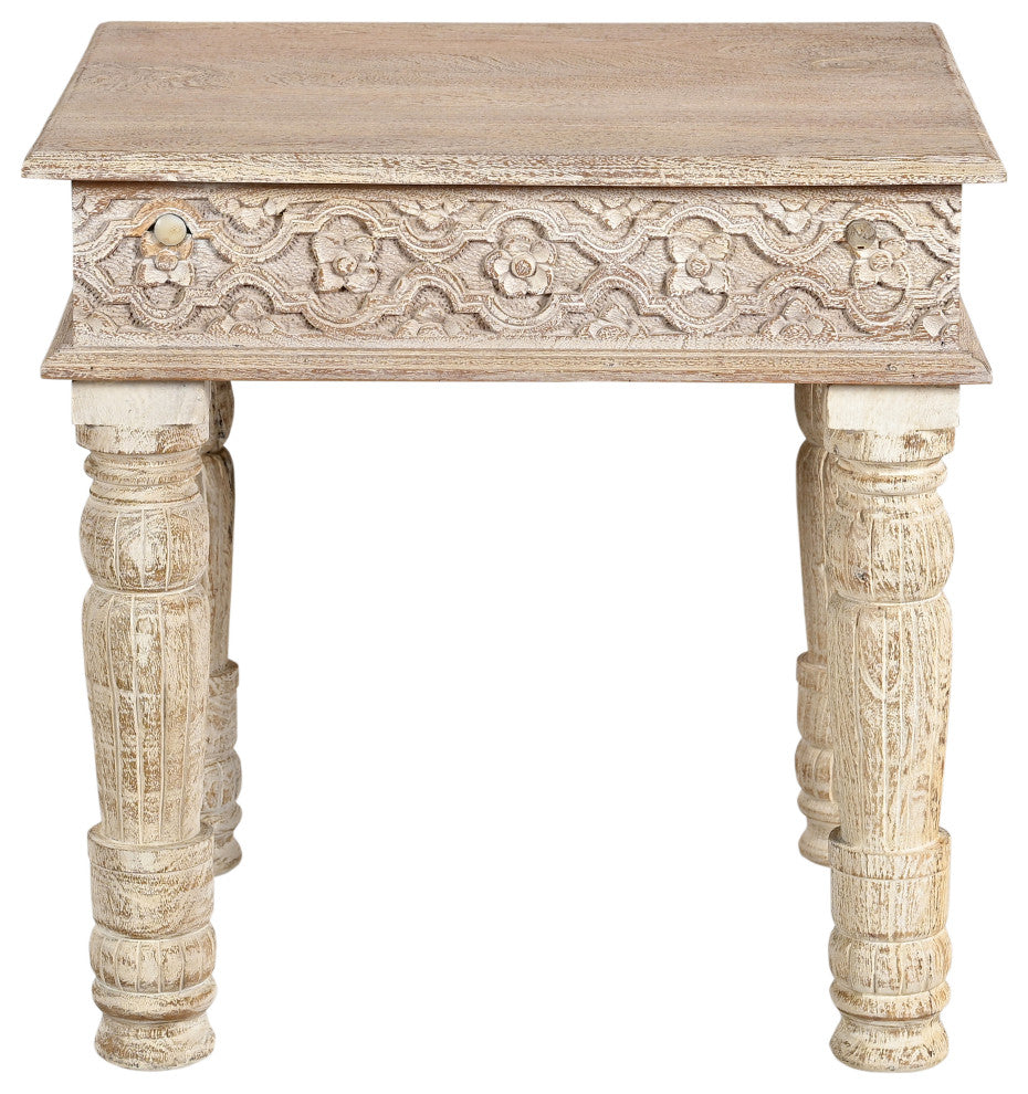 Wiley Carved Edge End Table, White, Mango Wood