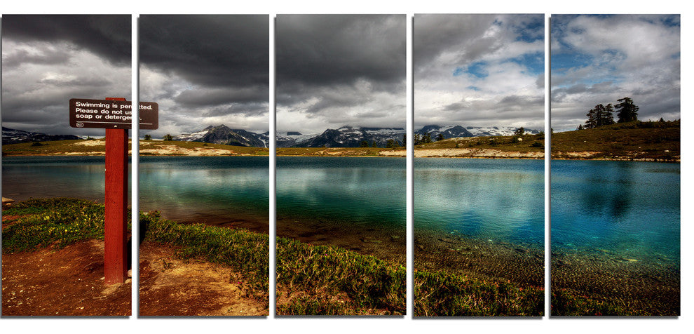 Azure Mountain Lake with Clouds, Landscape Canvas Print, 60"x28", 5 Panels