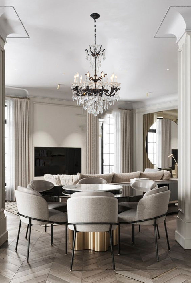 10-Light Satin Black Metal Chandelier With Clear Hanging Crystals