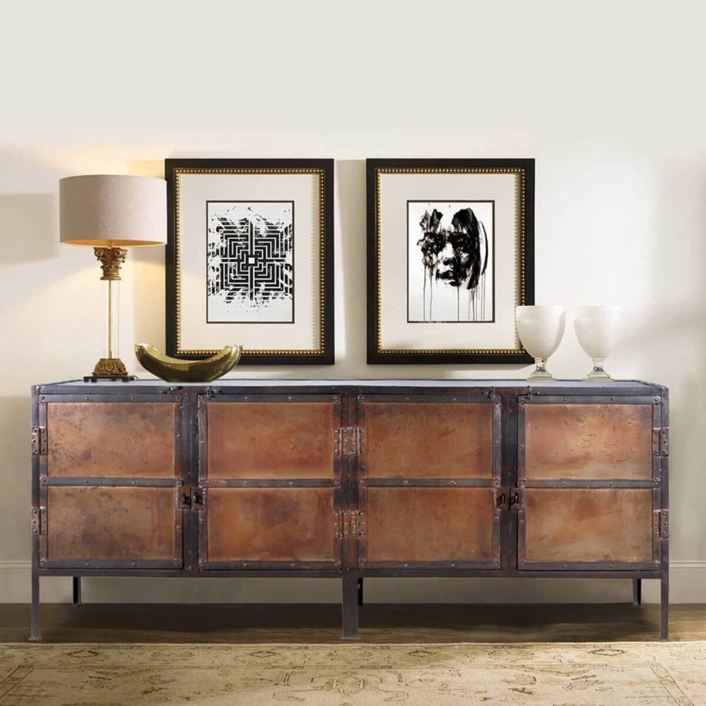 Industrial Black and Brown Iron 4 Door Large Sideboard Cabinet