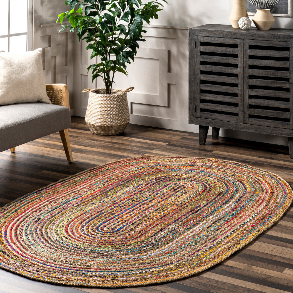 Nuloom Braided Tropical Spectrum Jute Area Rug, Multicolor 7'x9'Oval