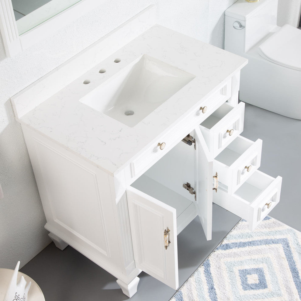 Solid Wood Bathroom Vanity with Quartz Top and cUPC Certified Sink, White, 36 Inch