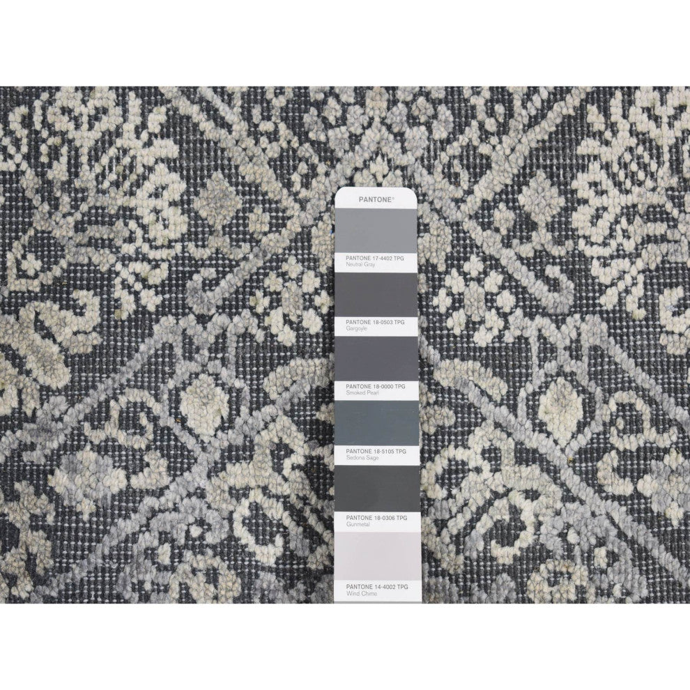 Charcoal Gray Silk Textured Wool Tone on Tone Design Hand Knotted Rug, 2'1"x2'1"