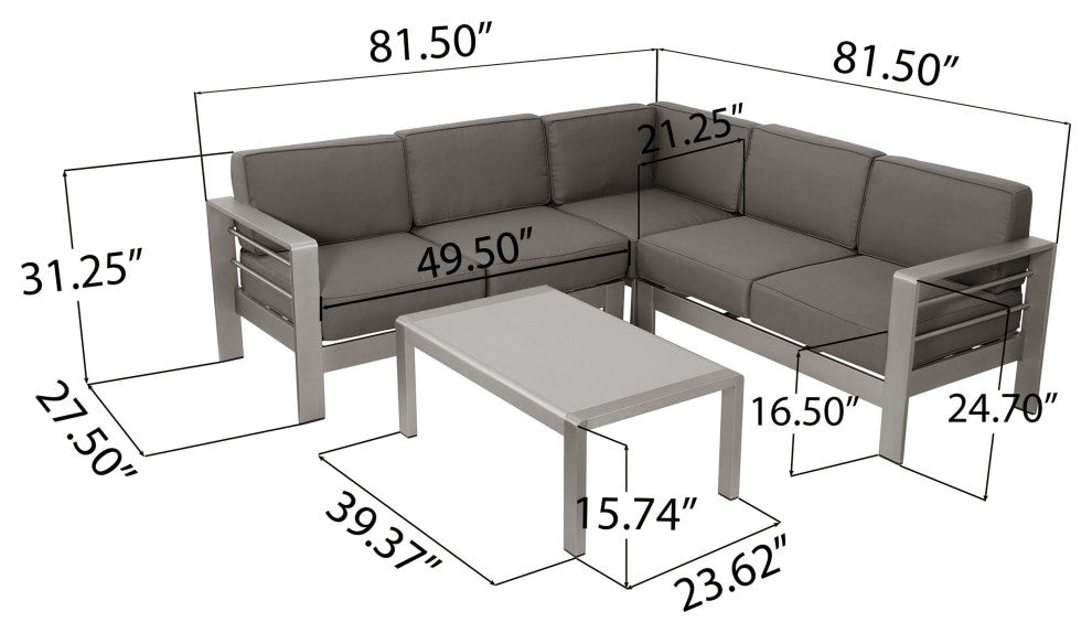 Crested Bay Outdoor Aluminum 5 Seater Sectional Sofa Set with Sunbrella Cushions, Silver/Gray