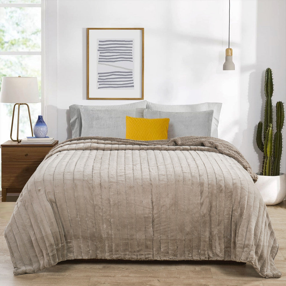 Super Mink Faux Fur Throw Blanket, Oatmeal, 118" X 95"