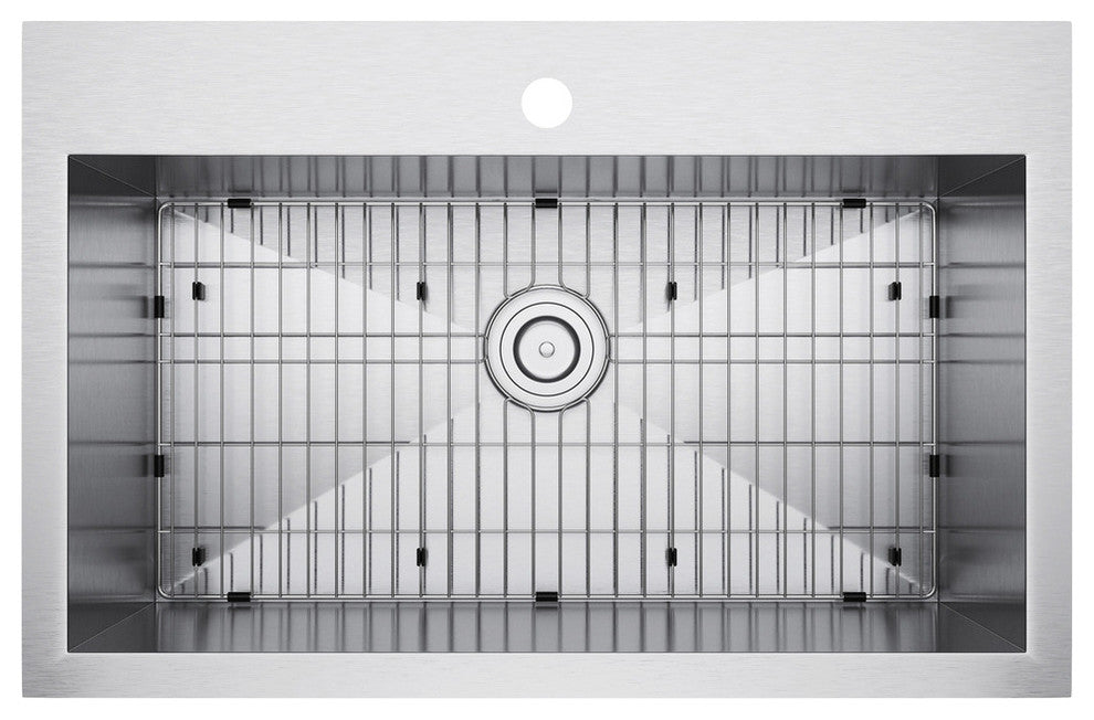 Exclusive Heritage 33"x22" Single Bowl Topmount Stainless Steel Kitchen Sink, With Strainer and Grid