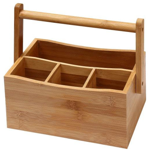 YBM HOME 4 Compartment Bamboo Cutlery and Napkin Caddy with Handle, Medium