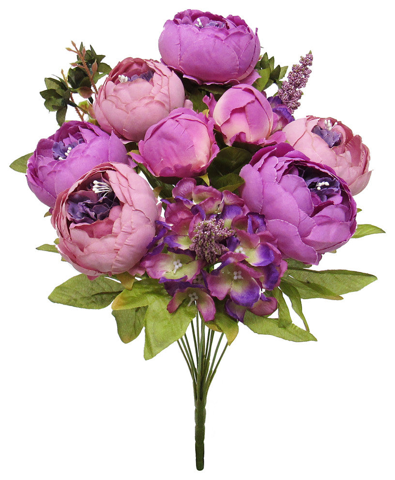 Artificial Lavender Purple Mixed Peony Hydrangea Flower Stem Bush Bouquet 19"