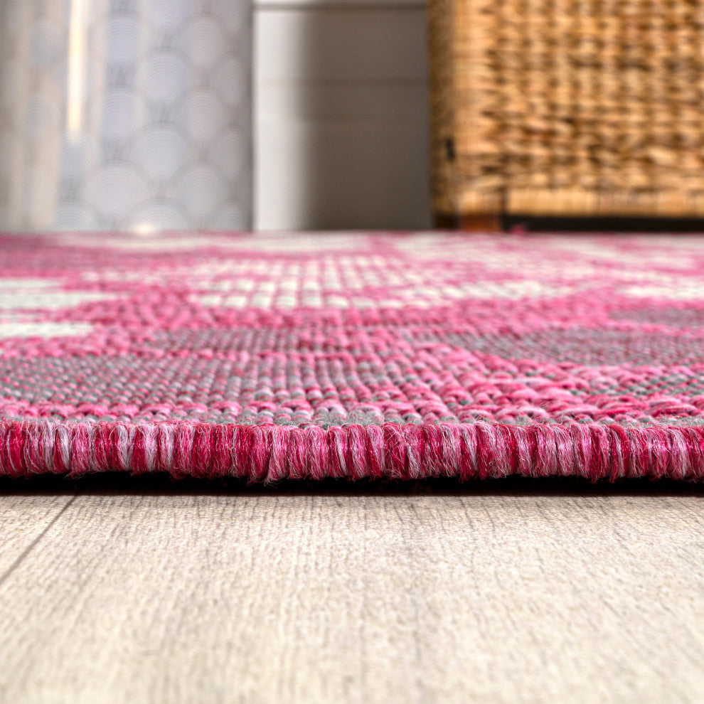 Zinnia Modern Floral Textured Weave Indoor/Outdoor, Fuchsia/Light Gray, 2x8