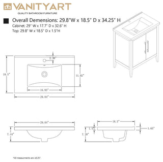 Vanity Art Bathroom Vanity With Sink, White, 30", Single Sink, Brushed Nickel