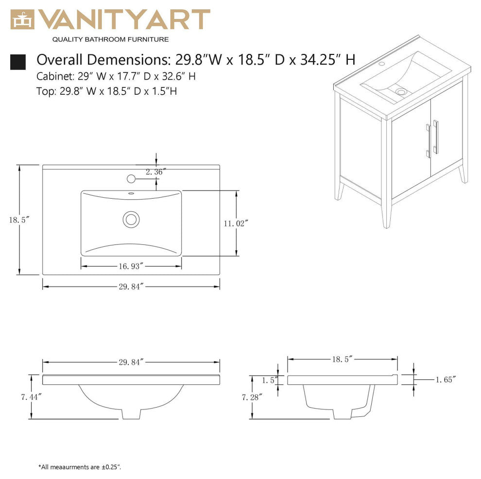 Vanity Art Bathroom Vanity With Sink, White, 30", Single Sink, Brushed Nickel