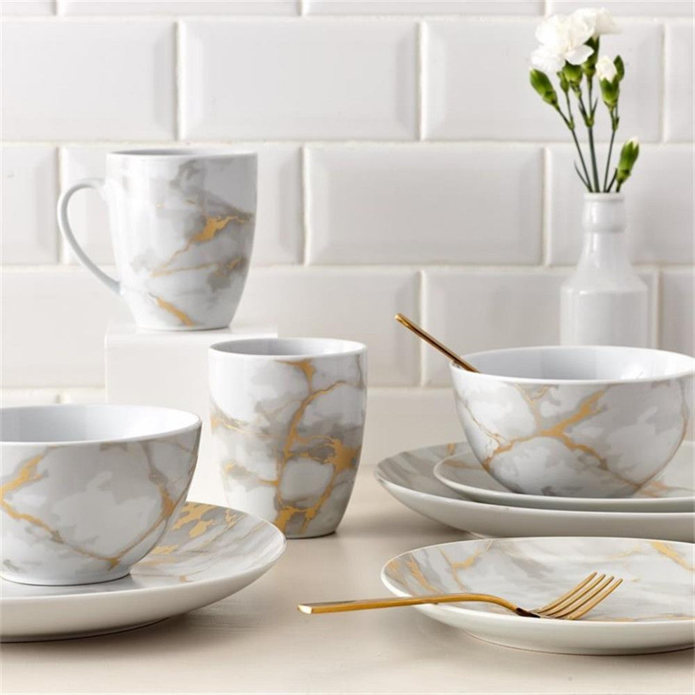 Safdie & Co. Porcelain Dinnerset 16 Piece Gold Marble