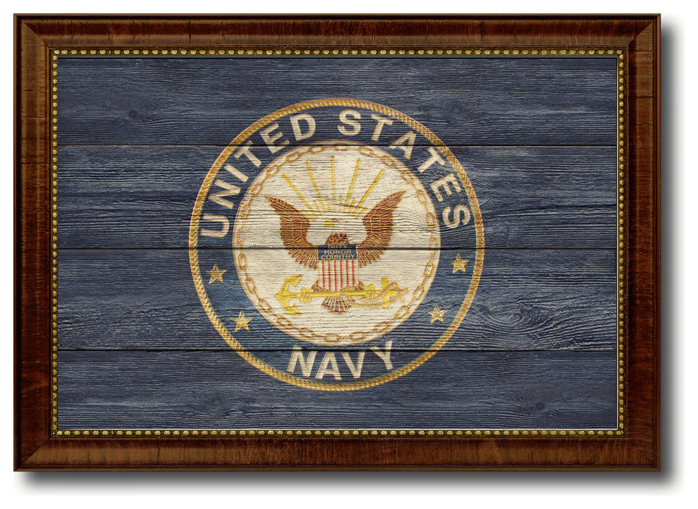 US Navy Military Textured Flag Print With Brown Gold Frame, 15"X21"
