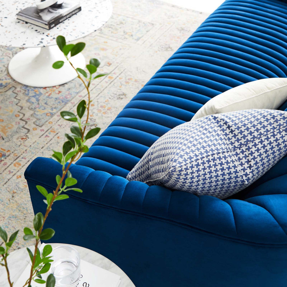Tufted Sofa, Blue Navy, Velvet, Modern, Mid Century Hotel Lounge Cafe Lobby