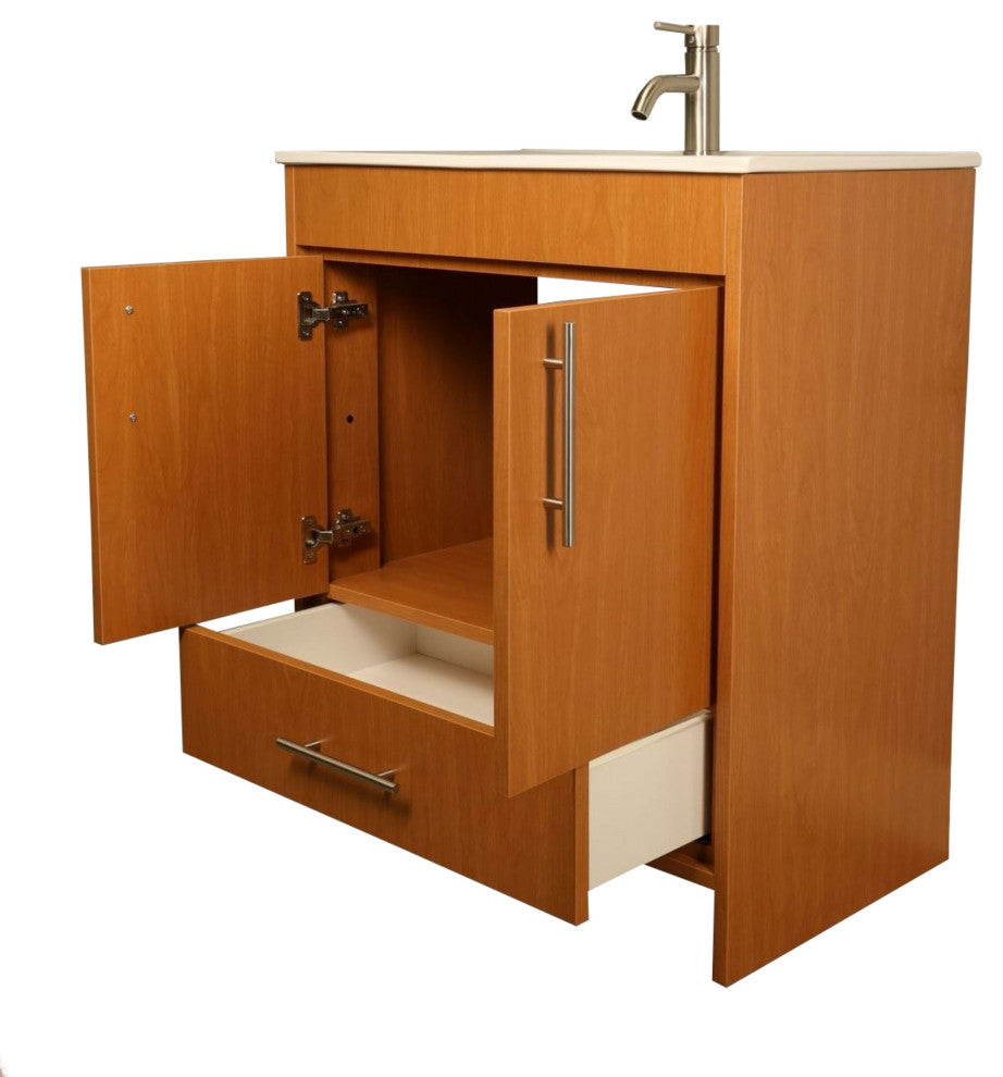 Pacific 30" Vanity With Integrated Ceramic Top and Brushed Nickel Handles, Honey