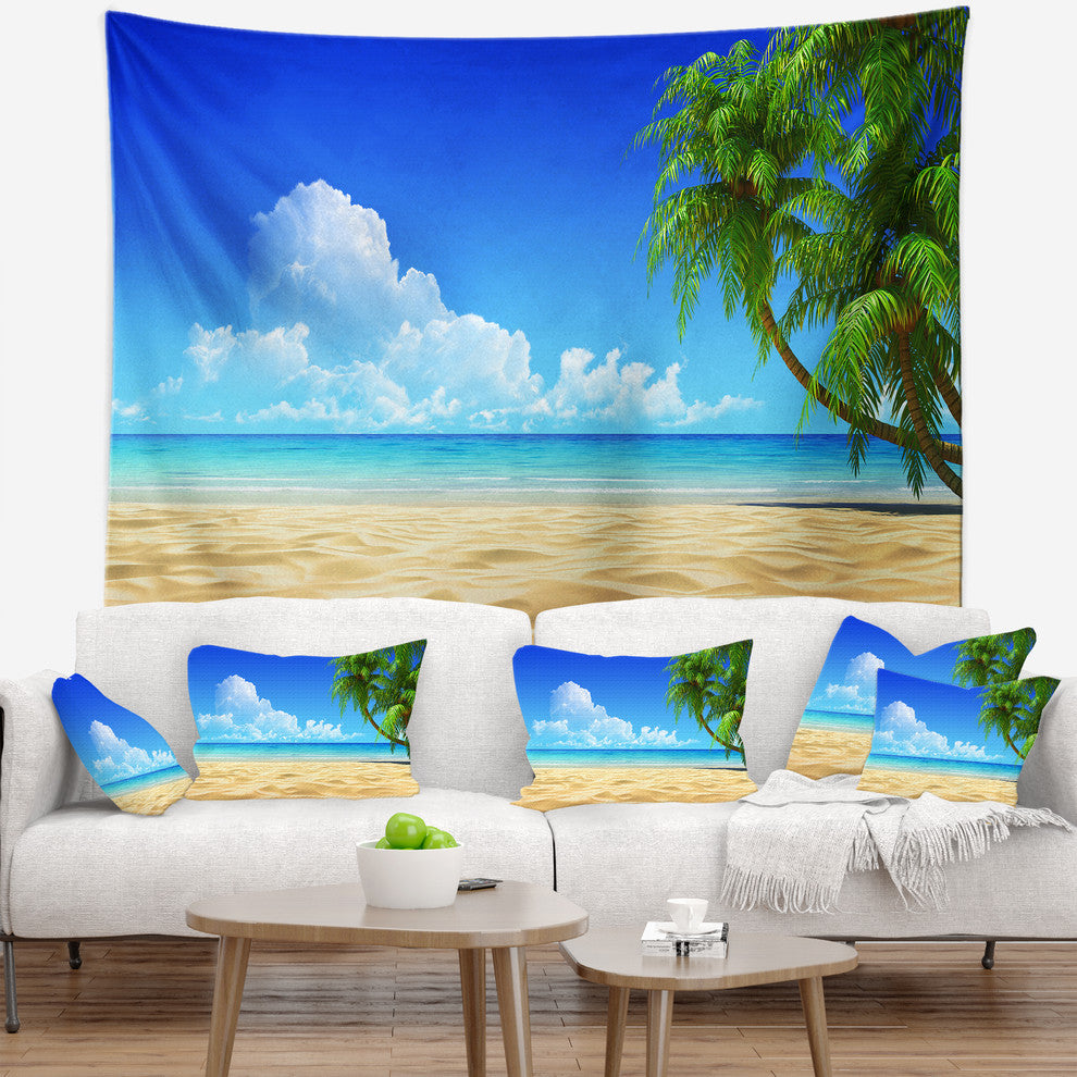 Coconut Palms Bent into Beach Seashore Wall Tapestry, 39"x32"