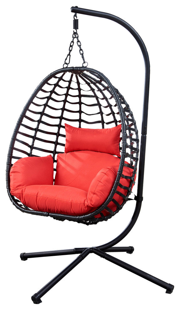 Outdoor Rattan Swing Chair Hanging Egg Chair With Cushion, Red