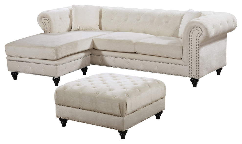 Sabrina Velvet 2-Piece Reversible Sectional, Cream