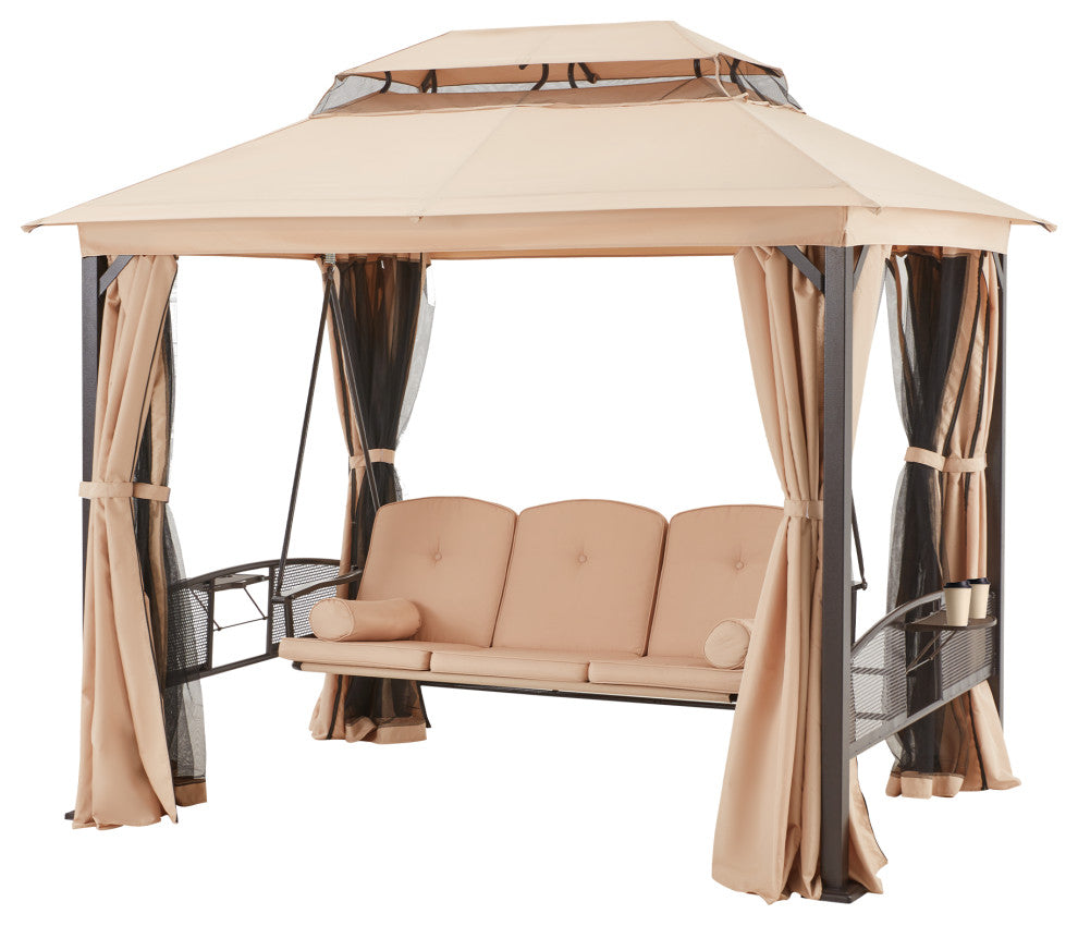 HOMREST 3-Seat Outdoor Porch Swing,Gazebo Swing with Double Tier Canopy(khaki)