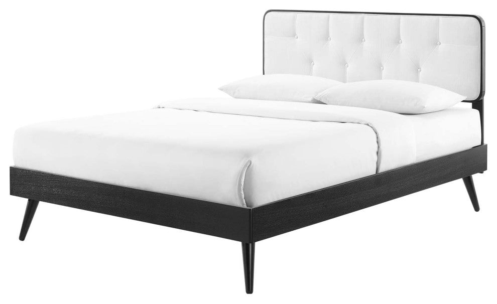 Platform Bed Frame, Queen Size, Fabric, Wood, Black White, Modern Mid-Century